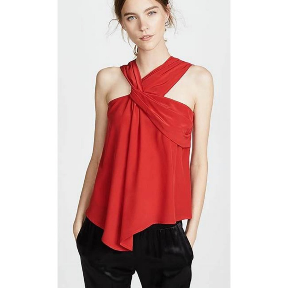 YIGAL AZROUEL Twist Knot Top Drapey Red Silk Sleeveless Back Keyhole SZ S